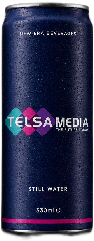 Navy Telsa Media custom-branded still water can